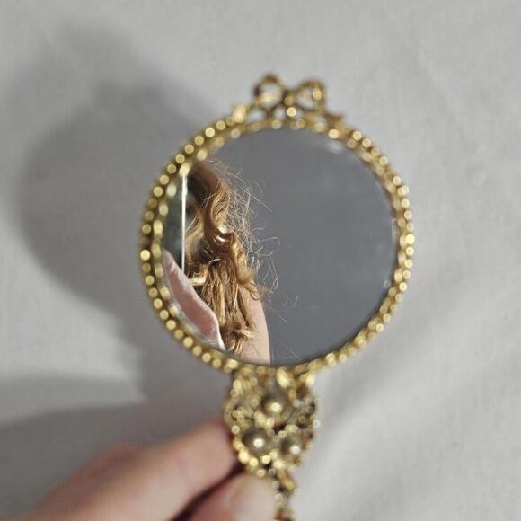 VTG Gold Plated Hand Mirror. HEAVY - 5 1/2" LONG. Double Sided. See Photos - Picture 3 of 6